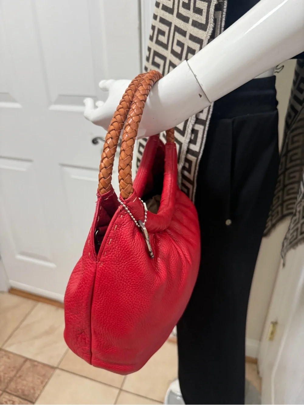 Fossil Red Leather Handbag with Braided Handles